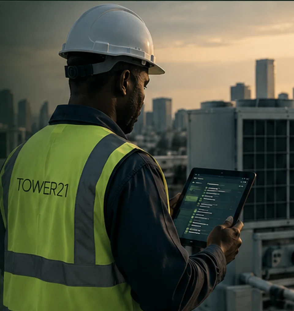 Tower21 facilities operations professional reviewing operational information on a rooftop