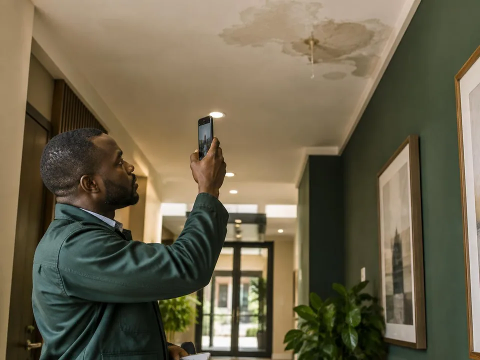 Facilities professional documenting a ceiling leak during a property inspection