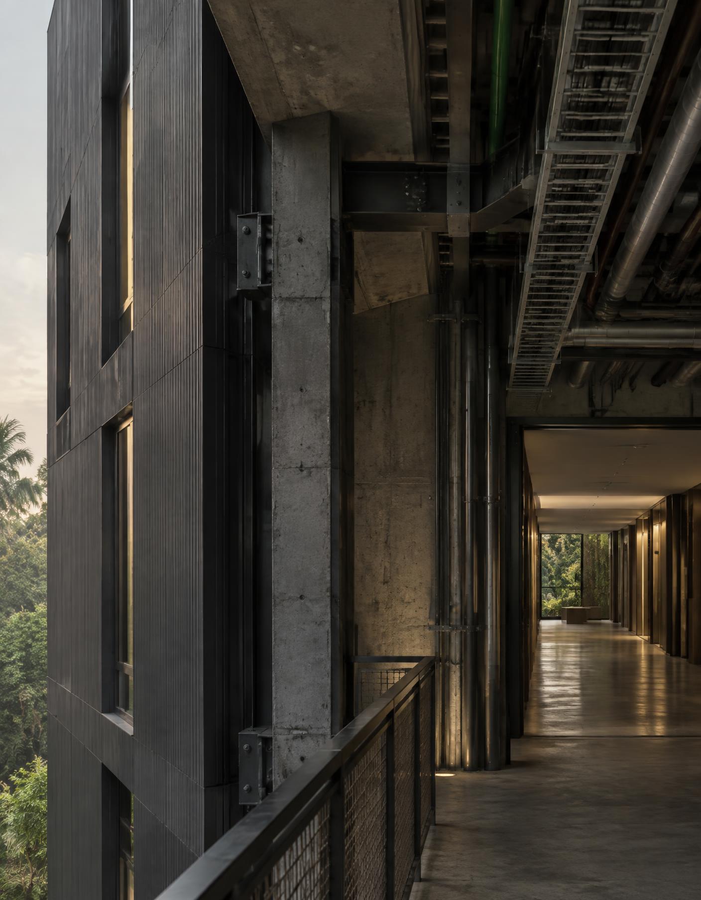 Exposed concrete structure and building services leading into a finished operational corridor